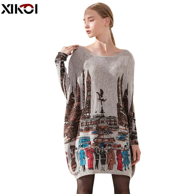 Oversized Sweater Women Pullover City PrintDress Winter Pull Knitted Cloth Loose Long Batwing Sleeves Casual sueter mujer