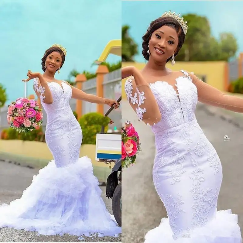 Customized Long Sleeve Mermaid Wedding Dresses 2021 Sheer Jewel Neck Lace Applique Ruffles Tiered African Nigerian Garden Weddin