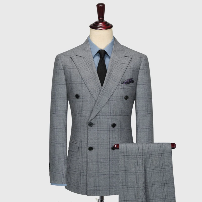 100% Wool Double Breasted Men Suits Set Blazer + Pant Grey Plaid Slim Style For Business Man Daily Wear Plus Size 58