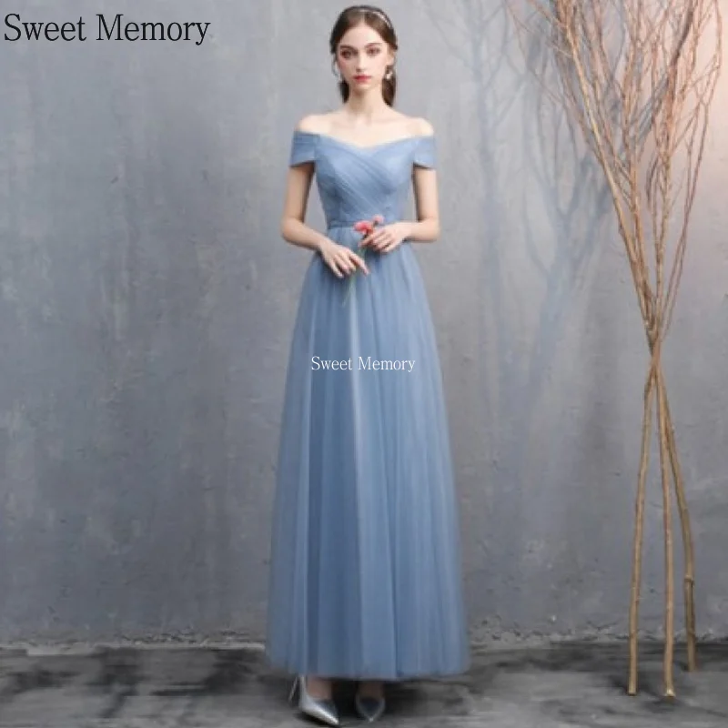 ที่กําหนดเองสีชมพู Dusty Blue ชุดเจ้าสาวยาว Robe Lace Up สุทธิตาข่าย Tulle พรหมชุดสําเร็จการศึกษาอย่างเป็นทางการ Vestidos