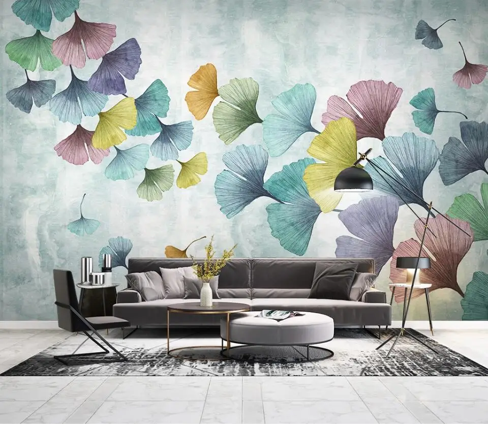 

Custom wallpaper 3d small fresh Nordic modern minimalist ginkgo leaf watercolor hand-painted TV background wall living room Обои