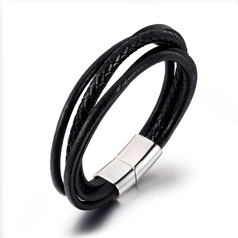 2021 New Trendy Black Color Multilayer Hand-Woven Charm Wrap Men Leather Bracelets Punk Friendship Bangle For Male Gift