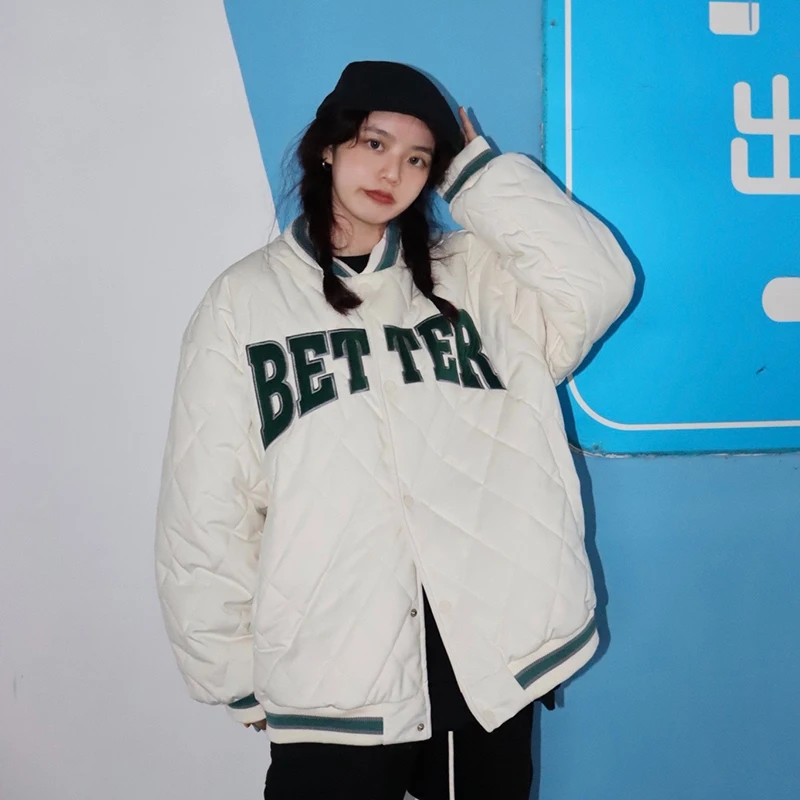 Black White Baseball Uniform Jacket Women Autumn and Winter Padded Cotton Jacket 2021 New Thicken Warm Woman Parkas