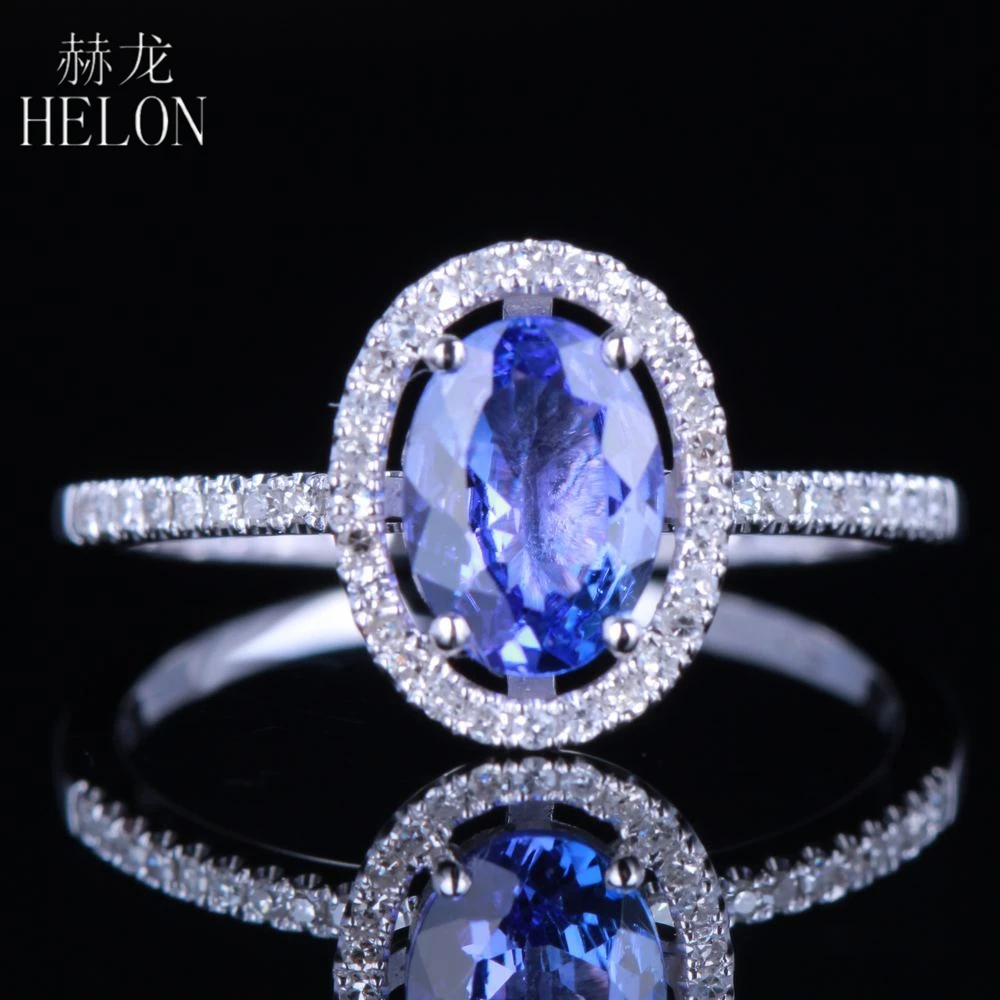 

HELON Solid 14K White Gold AU585 Certified Oval 7x5mm Genuine Tanzanite Diamonds Engagement Wedding Ring For Women Fine Jewelry