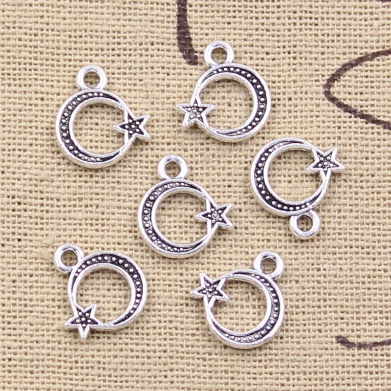 50pcs Charms Moon Star 12x11mm Antique Silver Color Pendants DIY Crafts Making Findings Handmade Tibetan Jewelry