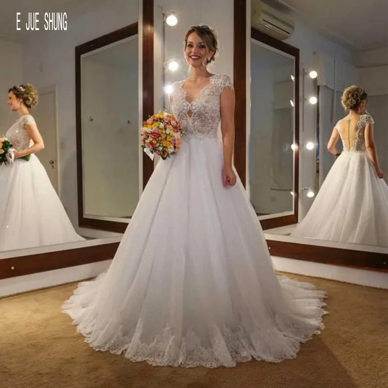 E JUE SHUNG – Robe De mariée en Tulle et dentelle, Vintage, manches courtes, col en V, boutons au dos, couleur chair, ligne A