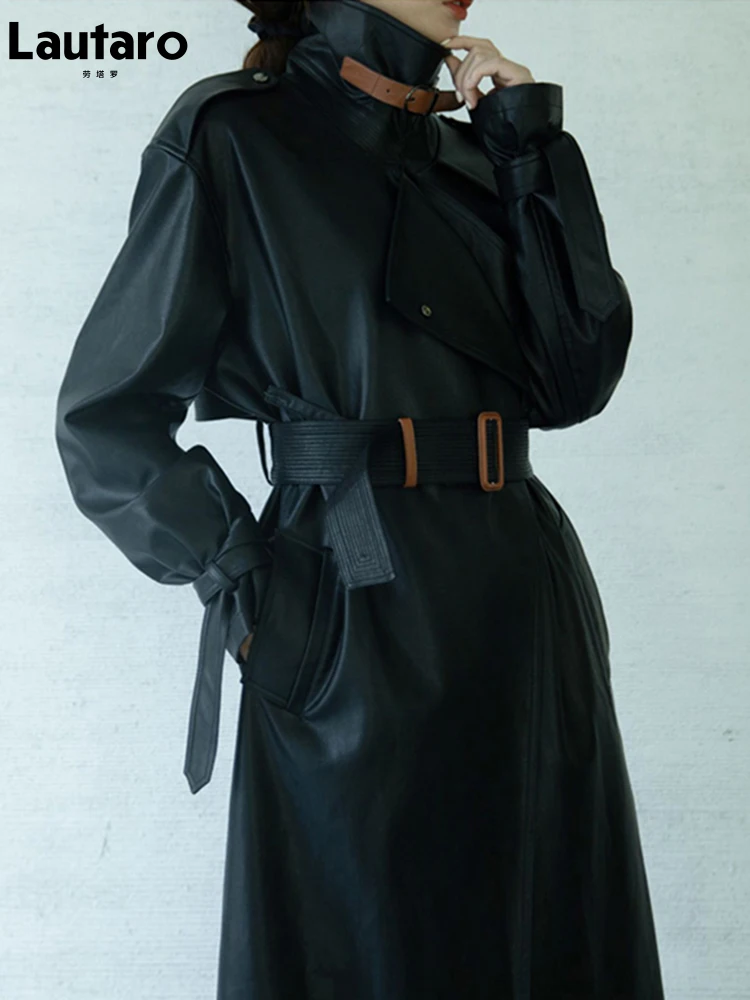 Lautaro Spring Autumn Oversized Cool Black Long Leather Trench Coat for Women Belt Long Sleeve Loose European Fashion 2021 2022