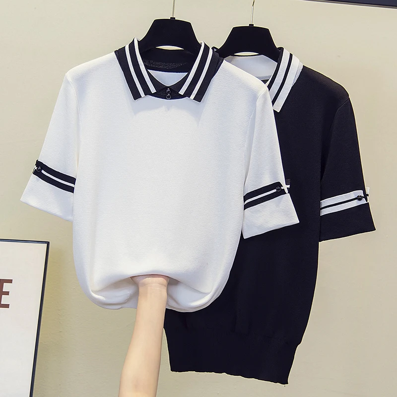 Plus Big Size Summer Short Sleeve Striped Pullover Women Sweater Knitted 2023 Sweaters Tops Korean Pull Femme Jumper Female