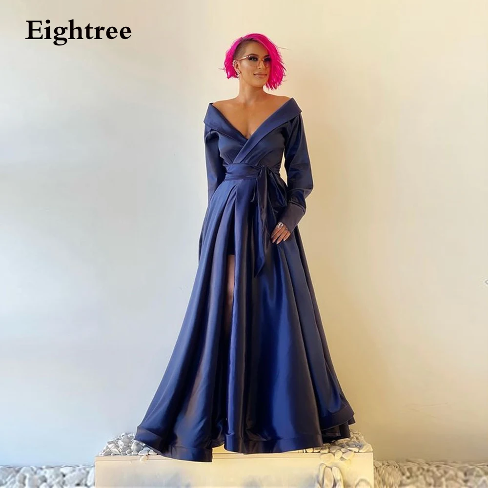 

Navy Blue Long A Line V Neck Evening Dresses Long Sleeves Formal Gowns Sashes Side Slit Simple Arabic Prom Night Party Dress