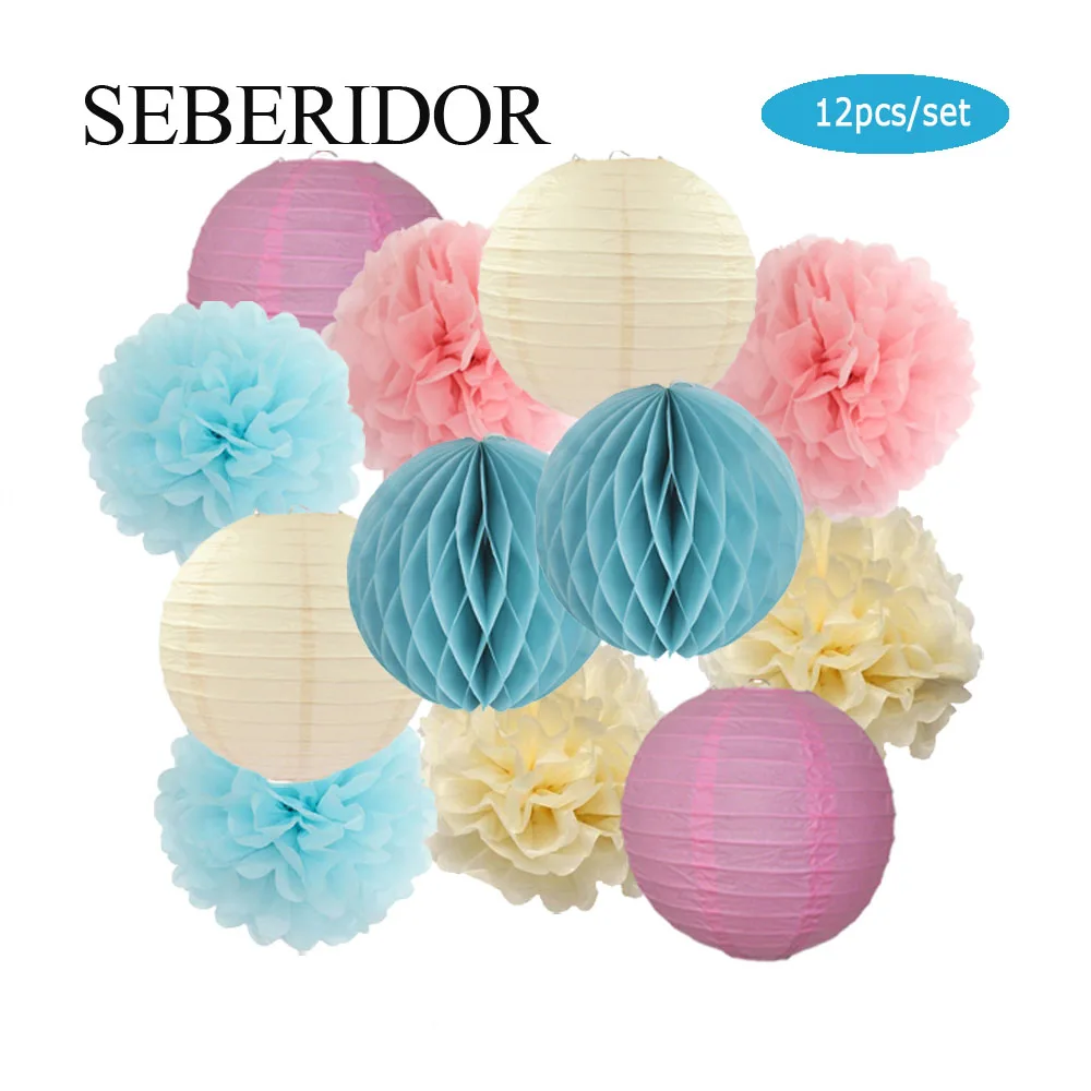 Blau-weißes Set, runde Papierlaterne, hängende Kugel, Waben-Set für Kinder, Jungen, 1. Geburtstag, Party-Gastgeschenk, Baby-Taufe, Hochzeitsdekoration – Detail 5
