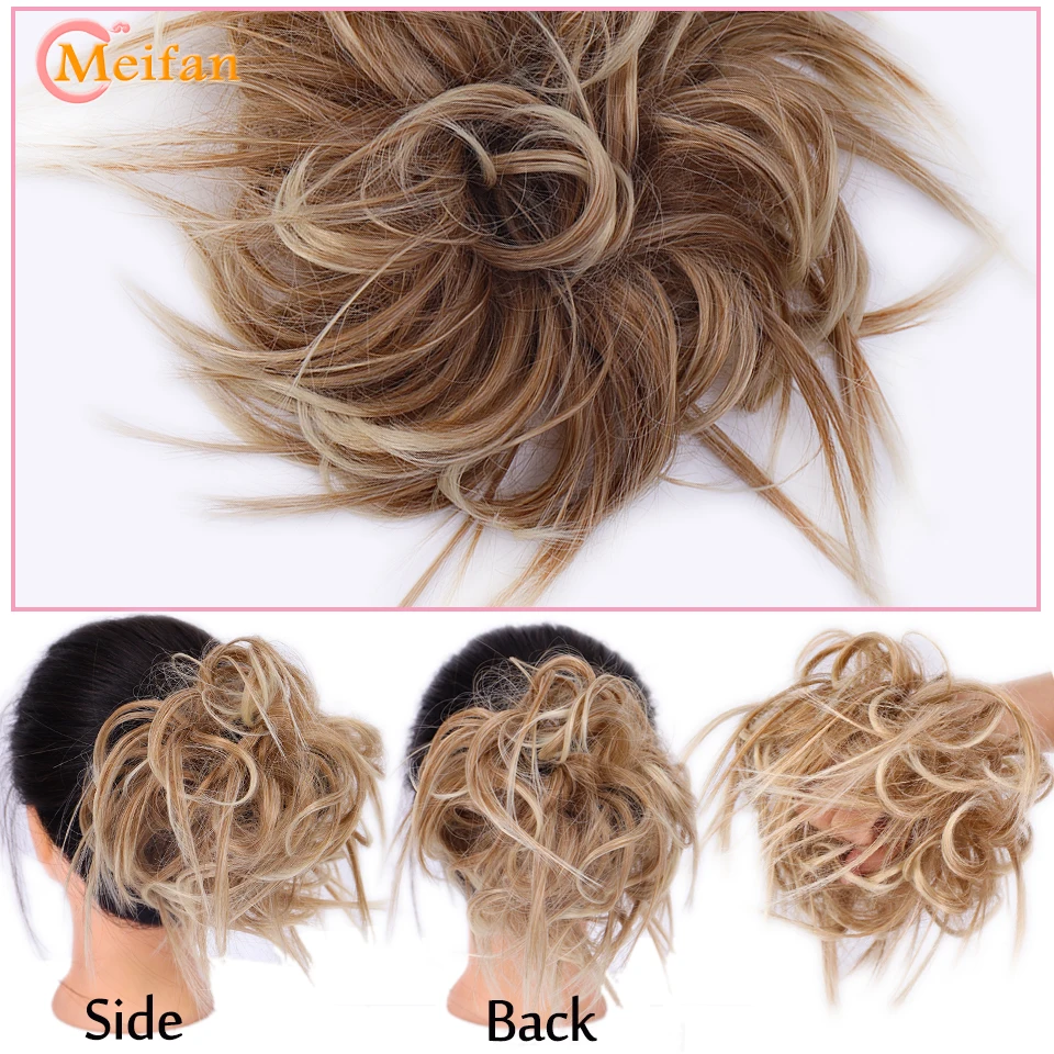 MEIFAN Synthetic Messy Fluffy Hair Bun Tousled Hairpiece Elastic Band Chignon Scrunchie Ponytail Extensions Hair Bow for women