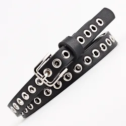 Women Belt Punk Cool Metal Buckle Adjustable Double Eyelet Grommet Leather Fashion Waistband for Jeans Dress Hole Waist Belt