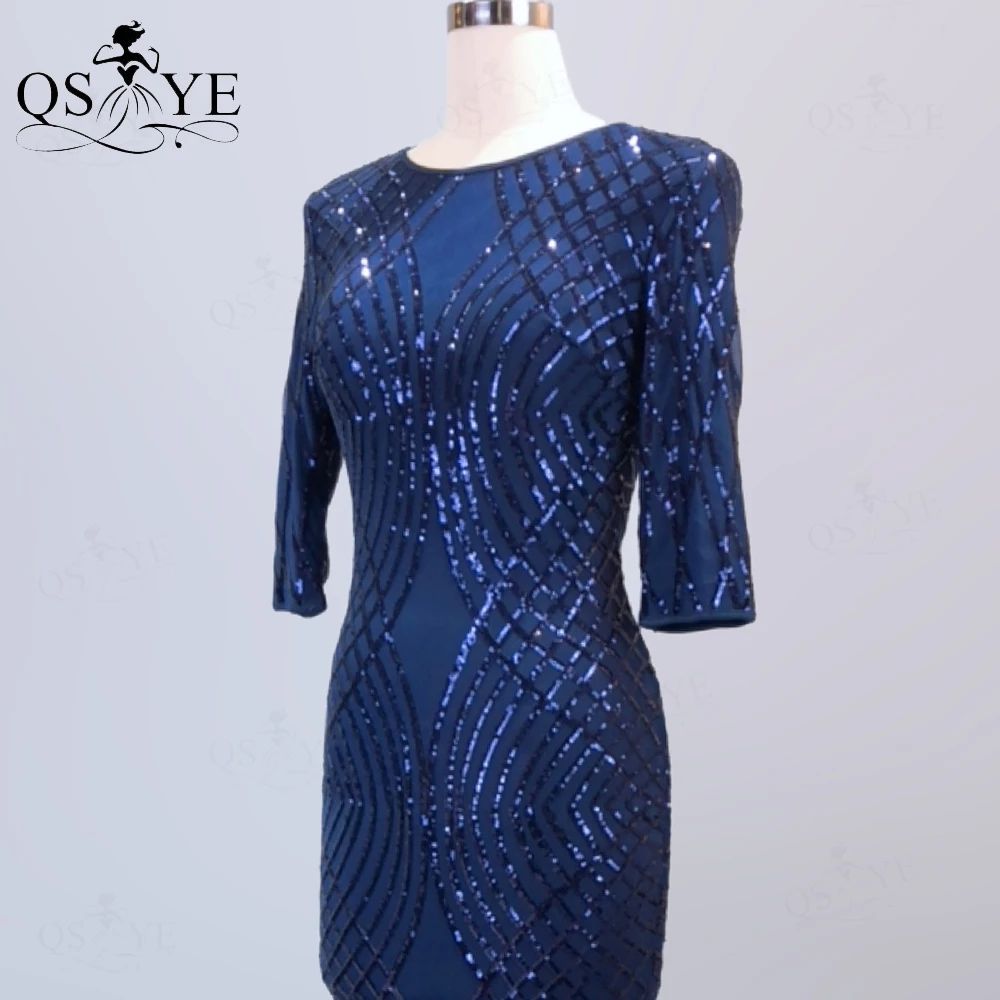 Vestido de noche azul marino con lentejuelas para mujer, Vestido Formal elegante con cuello alto y mangas largas, cola de pez, corte azul