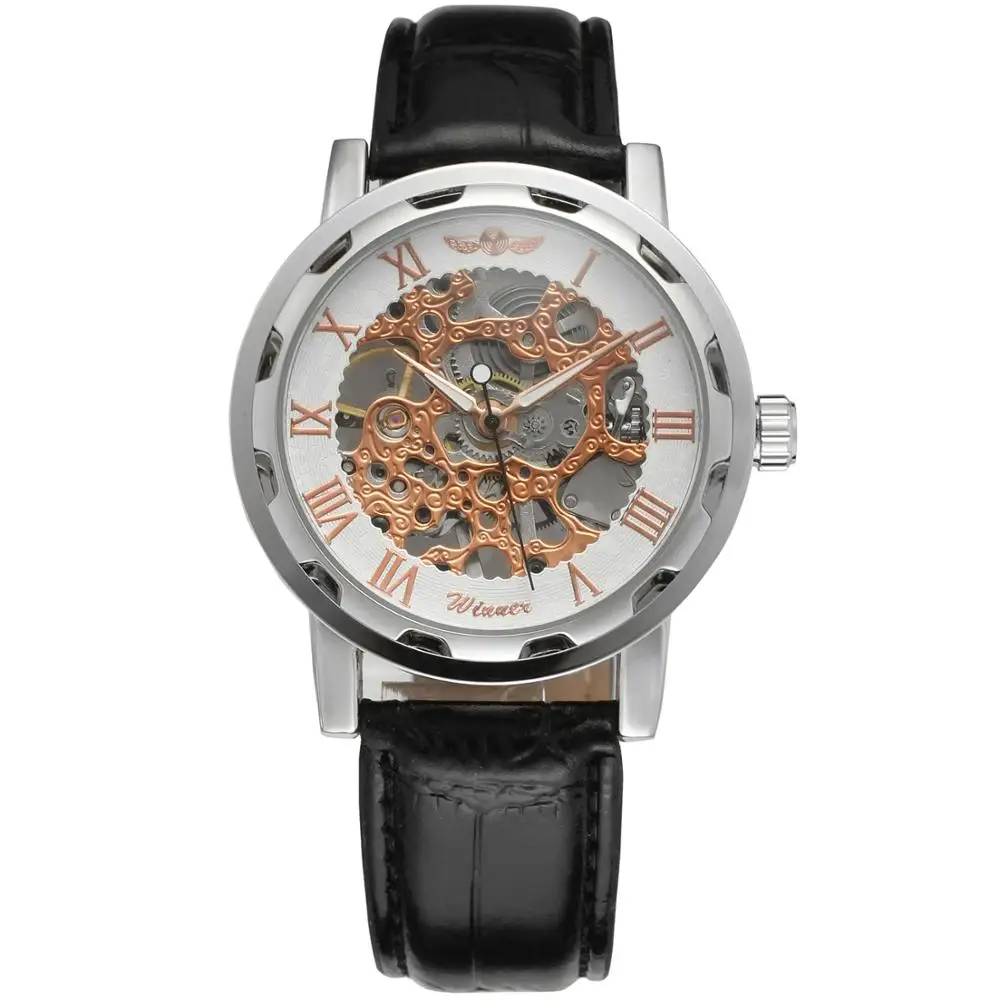 WINNER Fashion trend men and women creative design watches hollow dial leather strap automatic mechanical watches