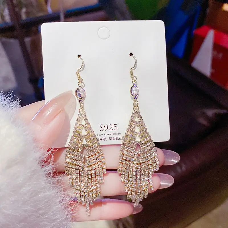 SDA Luxury Big Long Tassel Dangle Drop Earrings for Women Crystal Rhinestone Korean Dinner Party Wedding Jewelry Drop Shipping