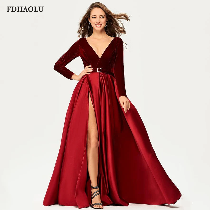 FDHAOLU – robe longue de soirée en Satin bordeaux, col en v, fente haute, manches longues, élégante, robes d'occasion, AE126