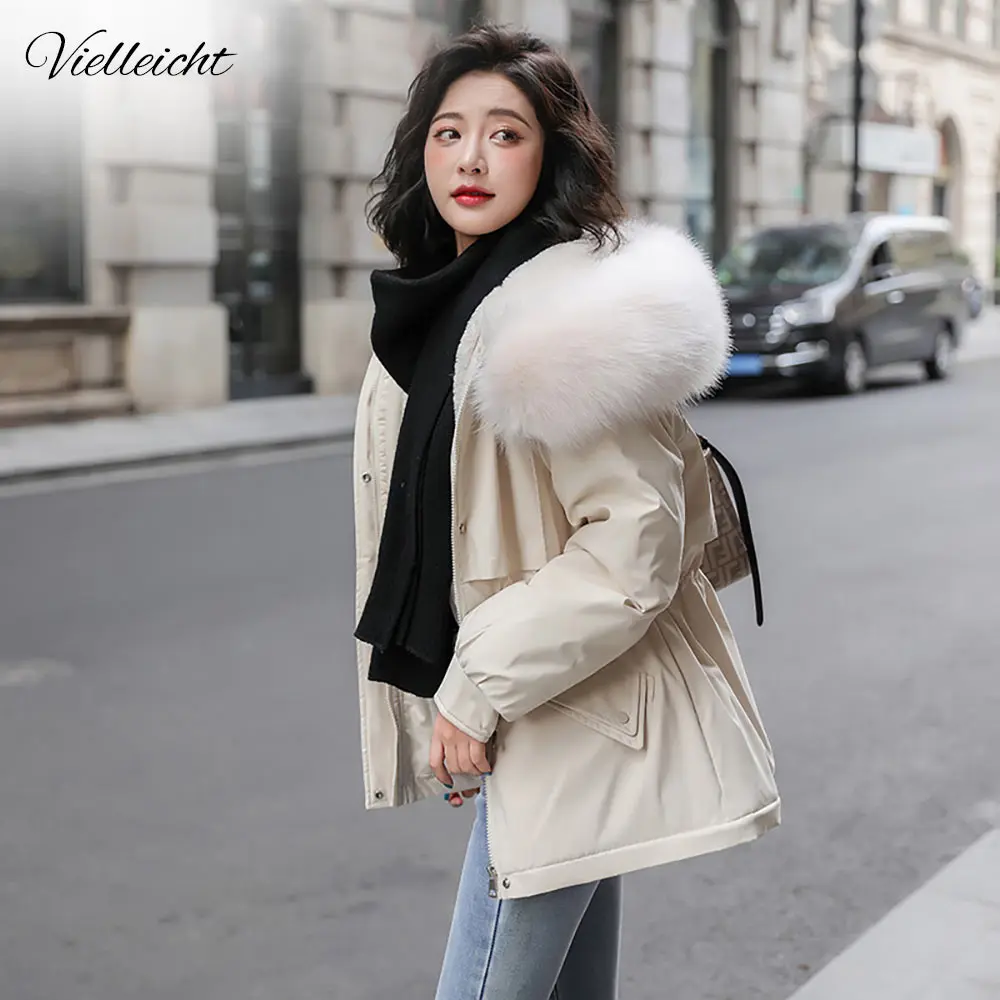 Vielleicht Warm Thicken Winter Women Jacket Solid Loose Fur Collar Hooded Cotton Padded Coat for Ladies Casual Wool Liner Parkas