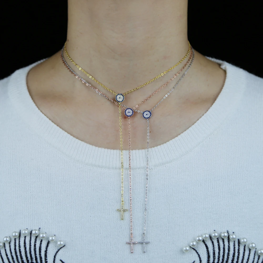 Delicate Round evil eye Necklaces cross Pendants Rose Gold Color Chain Halo Y Long Necklace Fashion Jewelry Colar Female
