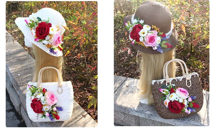 Women Summer Beach Rattan Handbag Colorful Artificial Flower Weave Straw Tote Handbag and Hat Suit Bohemia Style Holiday Casual