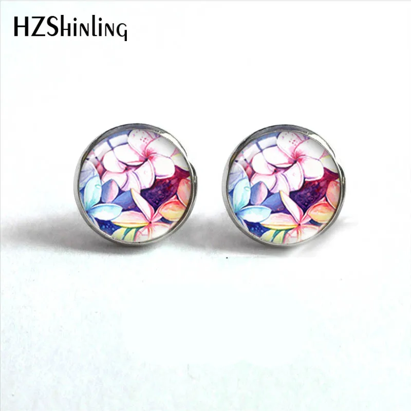 Hawaiian Plumeria Flower Paintings Stainless Steel Stud Earrings Glass Cabochon Ear Fashion Jewelry