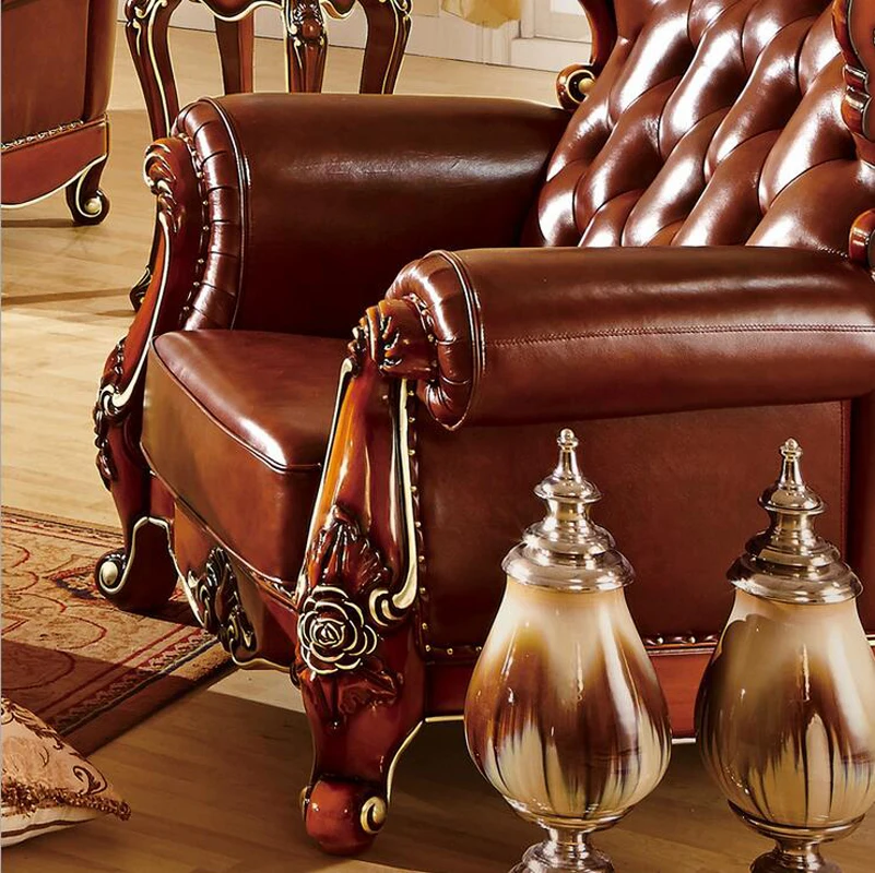 high quality  European  antique living room sofa furniture genuine leather set p10302