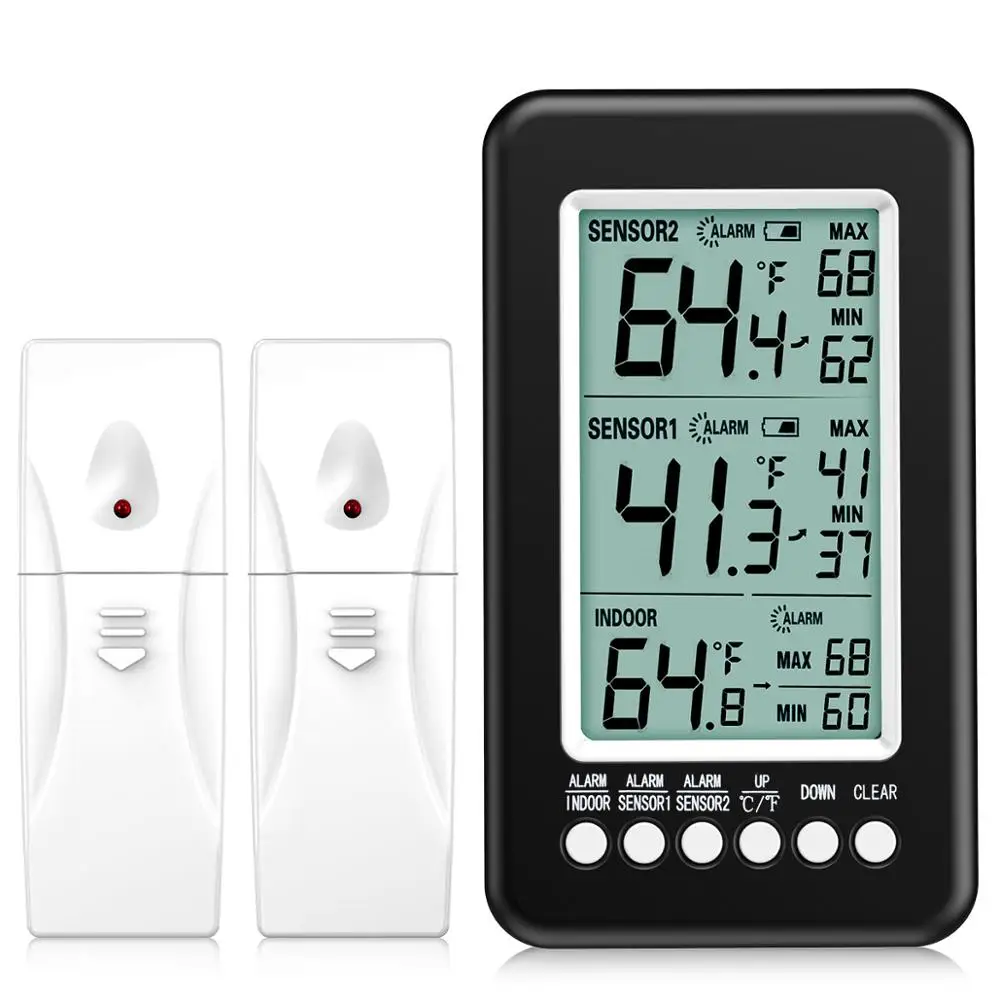 ORIA Refrigerator Thermometer 2 Wireless Sensors Indoor Outdoor Thermometer Digital Freezer Thermometer Audible Alarm