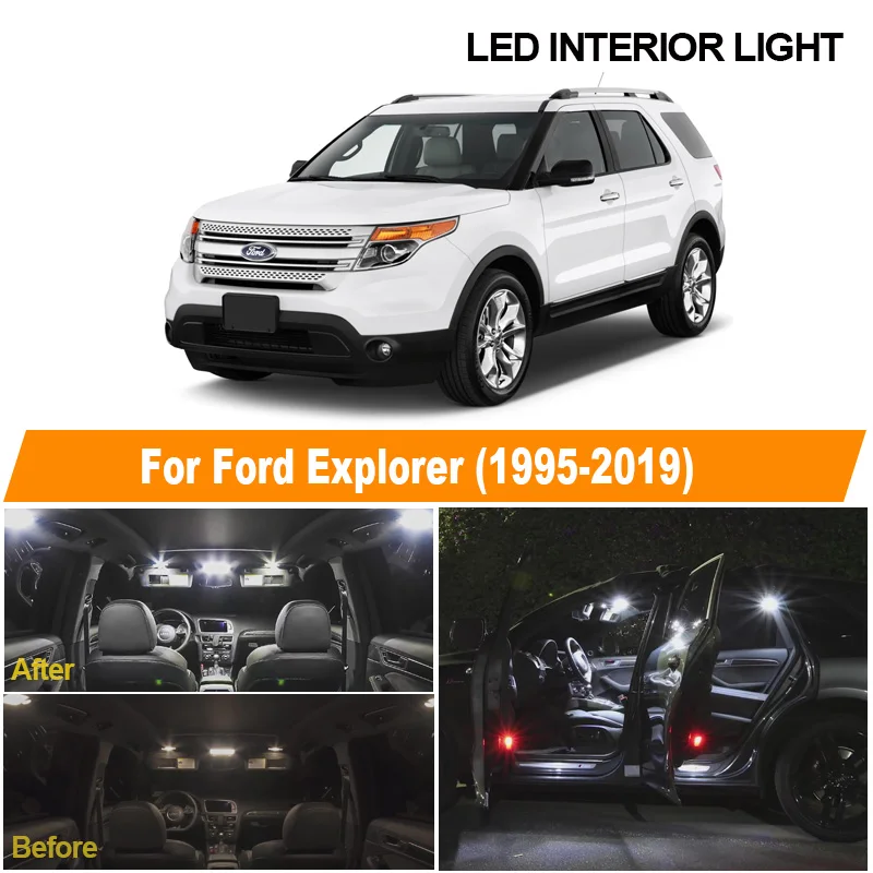 White Car Map Dome Bulbs Interior LED Light Kit For Ford Explorer 1995 1996-2008 2009 2010-2017 2018 2019 License Plate Lamp