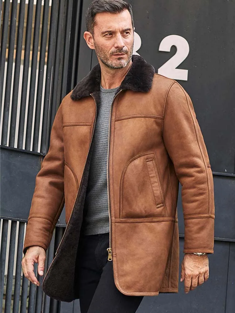 Denny&Dora New Mens Shearling Coat Long Winter Outwear Natural Sheepskin Leather Jacket Hooded Fur Overcoat