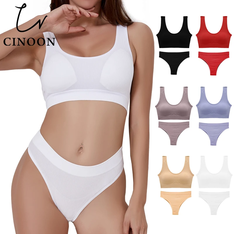 CINOON Sexy Seamless Tops Set Low Waist Panties Women Wire Free Underwear Suit Soft Padded Bras Set Backless Bralette Lingerie