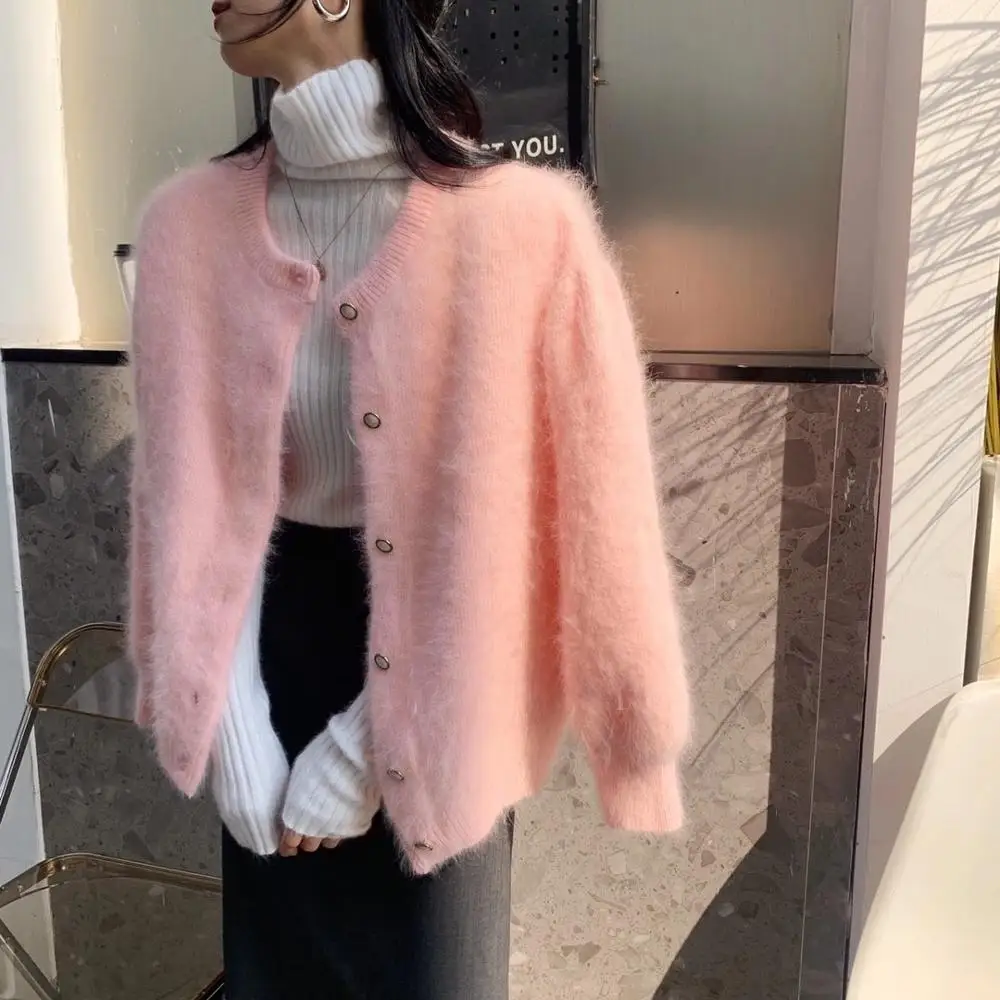 JSXDHK New High Quality Women Mink Cashmere Sweater Cardigan Elegant Autumn Winter Pink O Neck Knitted Thick Warm Cashmeres Coat