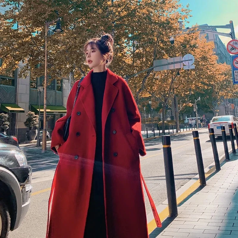 Winter Elegant Wool Blend Women Korean Fashion Black Long Coats Vintage Thick Warm Woolen Overcoat Camel Oversize Outwear Y747