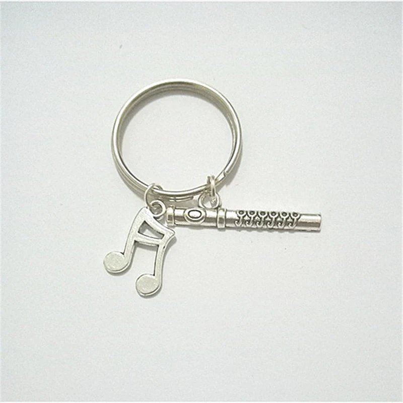 Cute Flute Keychain, Antique Silver Color Music Note Key Ring, Music Lover Gift