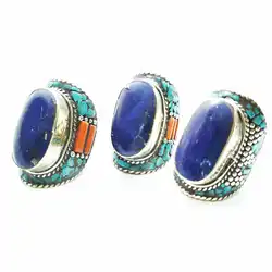 Tibetan Big Rings for Man White Metal Copper Inlaid Colorful Stone Ring R061