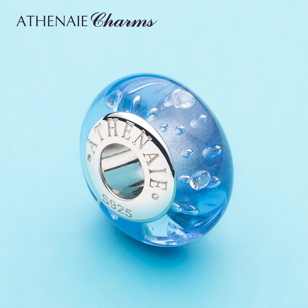 ATHENAIE New Murano Glass 925 Sterling Silver Fine Blue Sea Bubble Charms DIY CZ Bead for Original Charm Bracelet Jewelry making