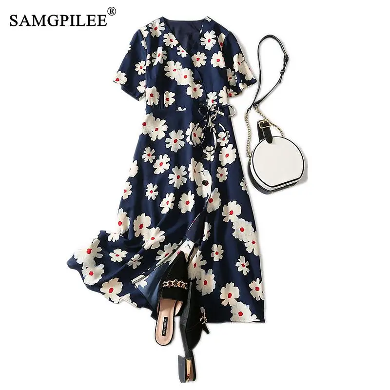 

Summer Clothes For Women 2020 Dresses Office Lady Dress A-line Print Short Sashes Knee-length Empire V-neck Dress For Women 3XL