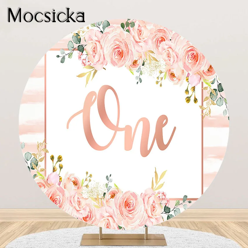 

Mocsicka 1st Birthday Girl Photography Background Rose Gold Flower Birthday Party Decoration Round Circle Backdrop Cover Elastic