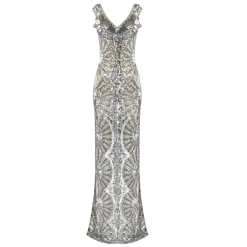 VC-Long Slip Dress with Silver Sequins, Ruffles Design, Sexy V Neck, Backless, Celebrity Party, Club Maxi, Chic