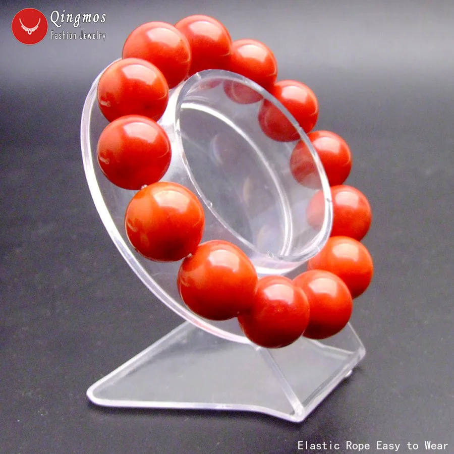 

Qingmos 14-15mm Natural Red Coral Bracelet for Women with High Quality GENUINE Round Red Coral Bracelets 8" Elastic Rope String