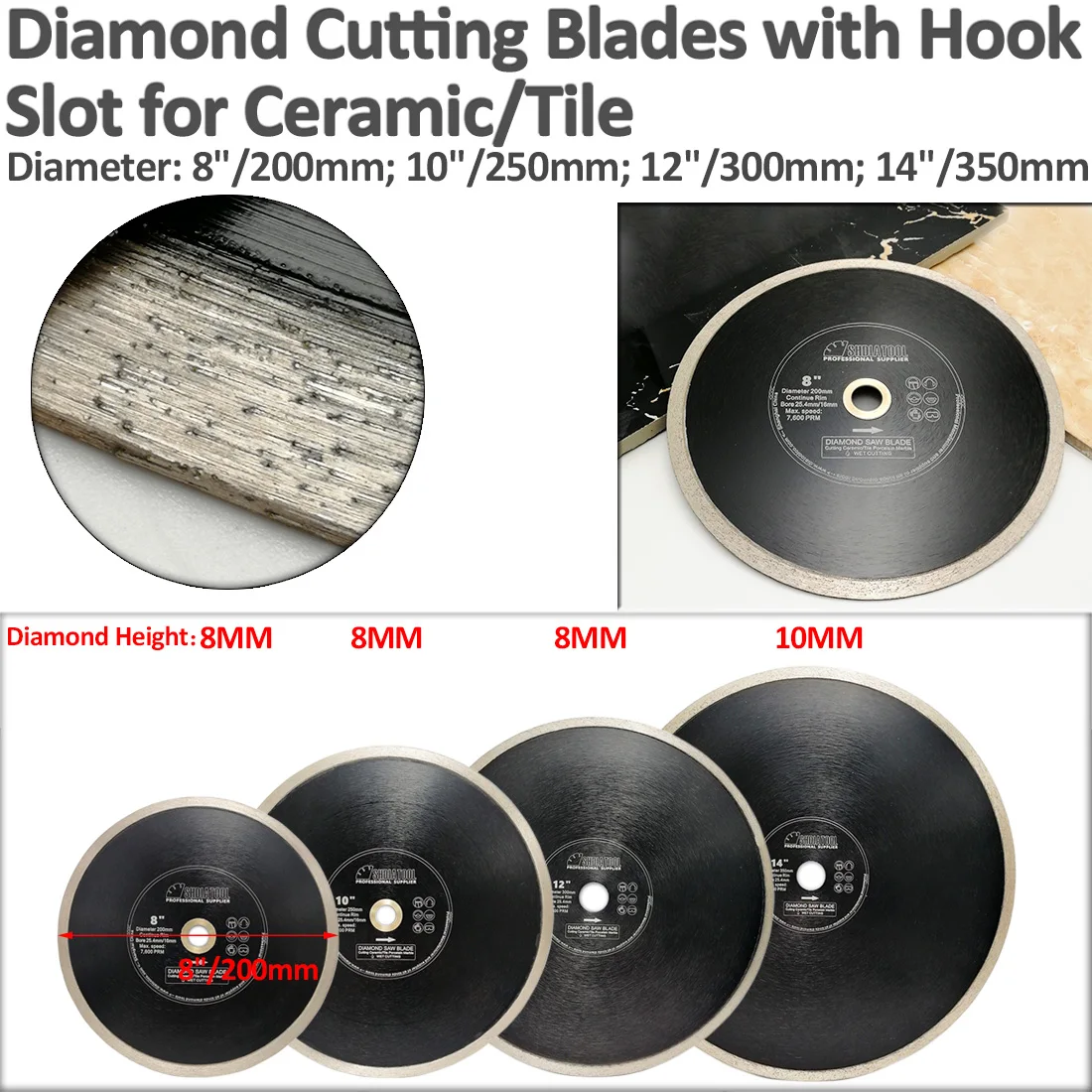 SHDIATOOL 2pcs 200/250mm Hot-pressed Continue rim Diamond Cutting Saw Blades bore 25.4mm for Ceramic Tile 8/10inch Cutting Disc