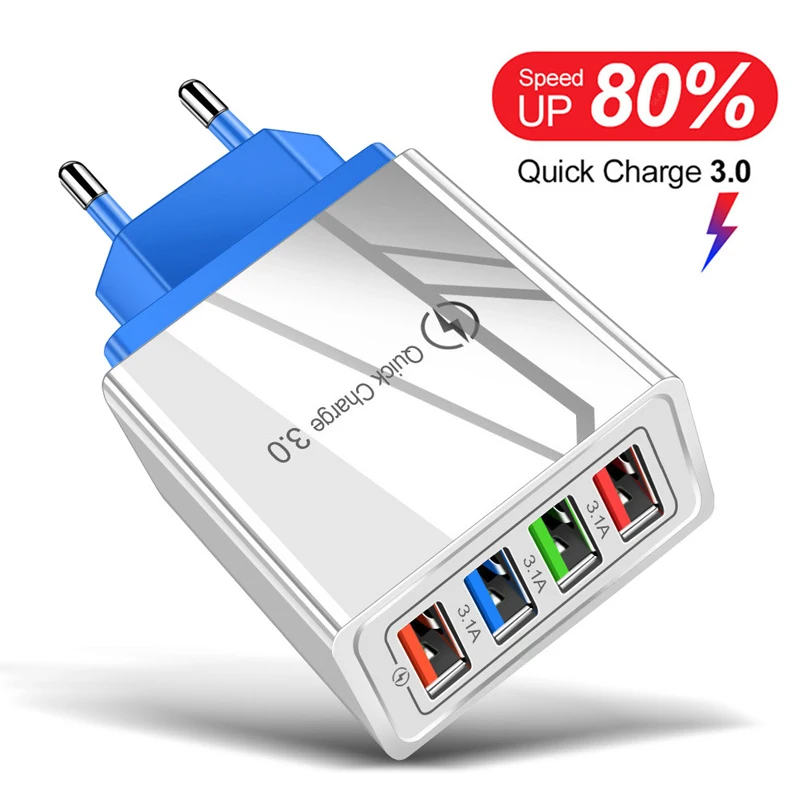 4U Quick Charge 3.0 USB Charger for iPhone Samsung Huawei Xiaomi Android 4-Ports Mobile Phone Universal Fast Charge Wall Adapter