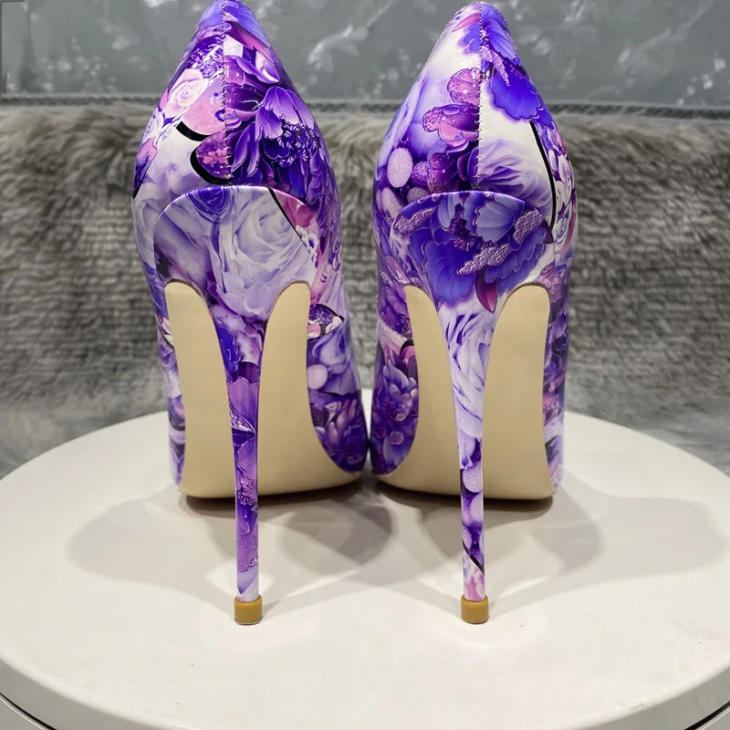 12cm heel Purple Flower Print Women Glossy Patent Pointy  High Heel Shoes Chic Floral Stiletto Pumps Large Size 43 44 45