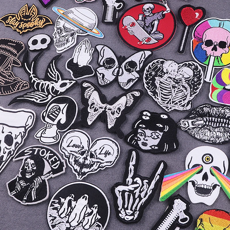 Black And White Patches On Clothes Punk Stickers Hippie Iron On Patches For Clothing Thermoadhesive Patches Skull Cloth Patch