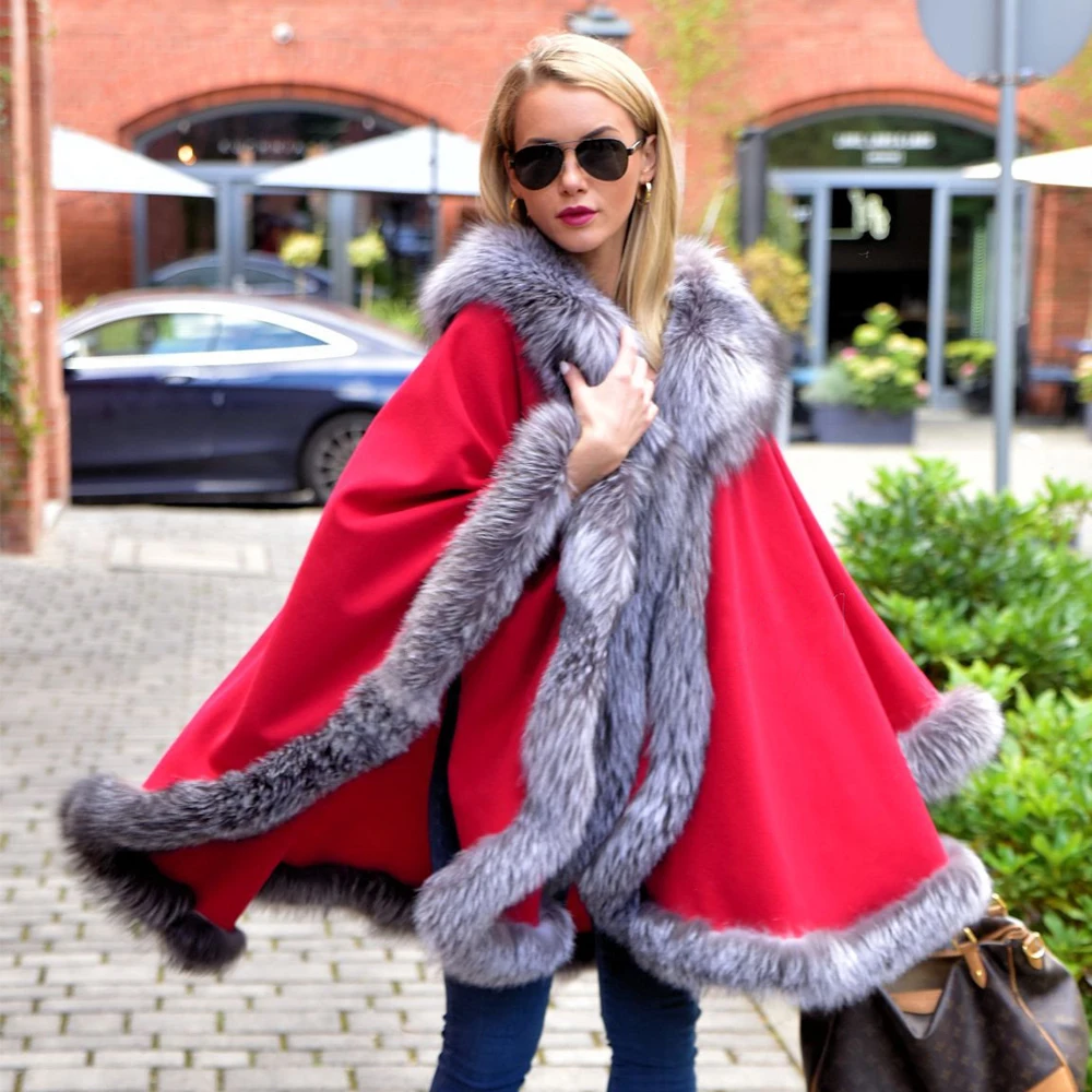 New Red Wool Blends Capes Women Winter Fashion Fur Outwear Female Natural Whole Skin Silver Fox Fur Cashmere Ponchos Real