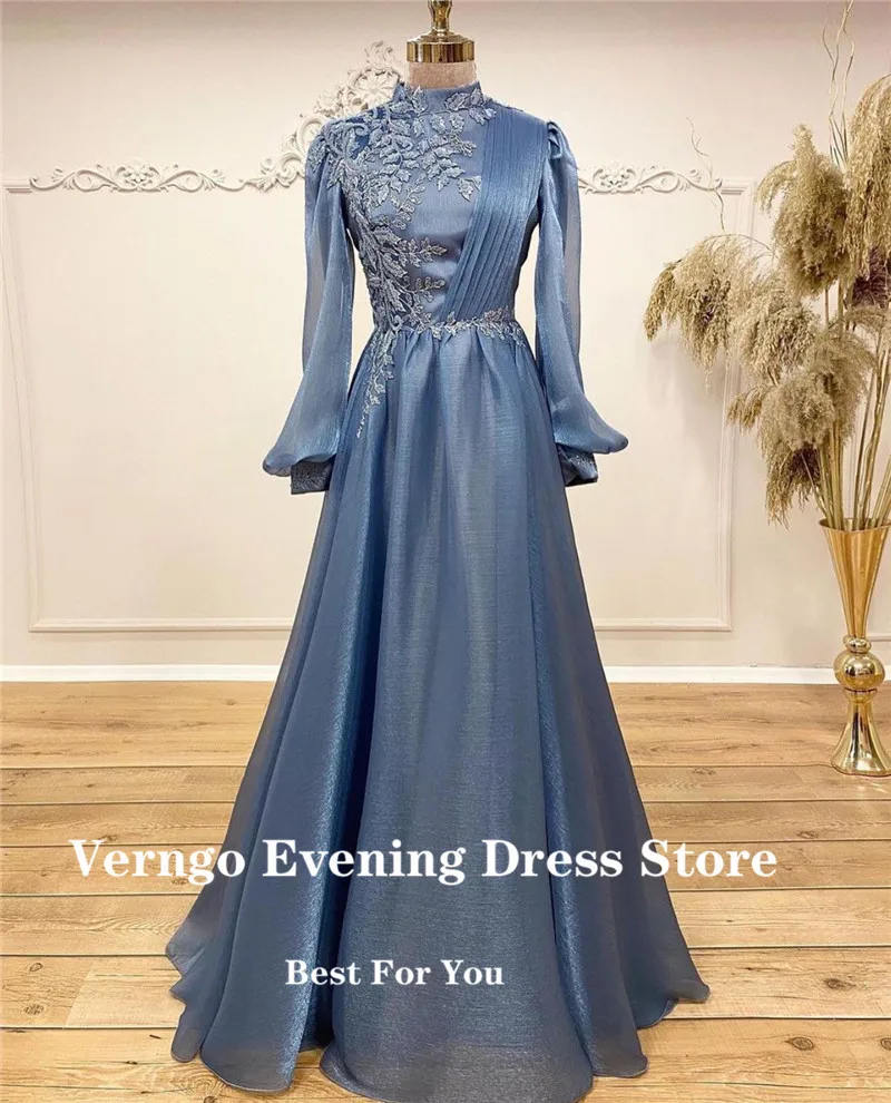 Verngo-Vestidos de Noche formales para mujer, traje de manga larga, cuello alto, encaje Floral, Azul Marino, Arabia Saudita, 2021