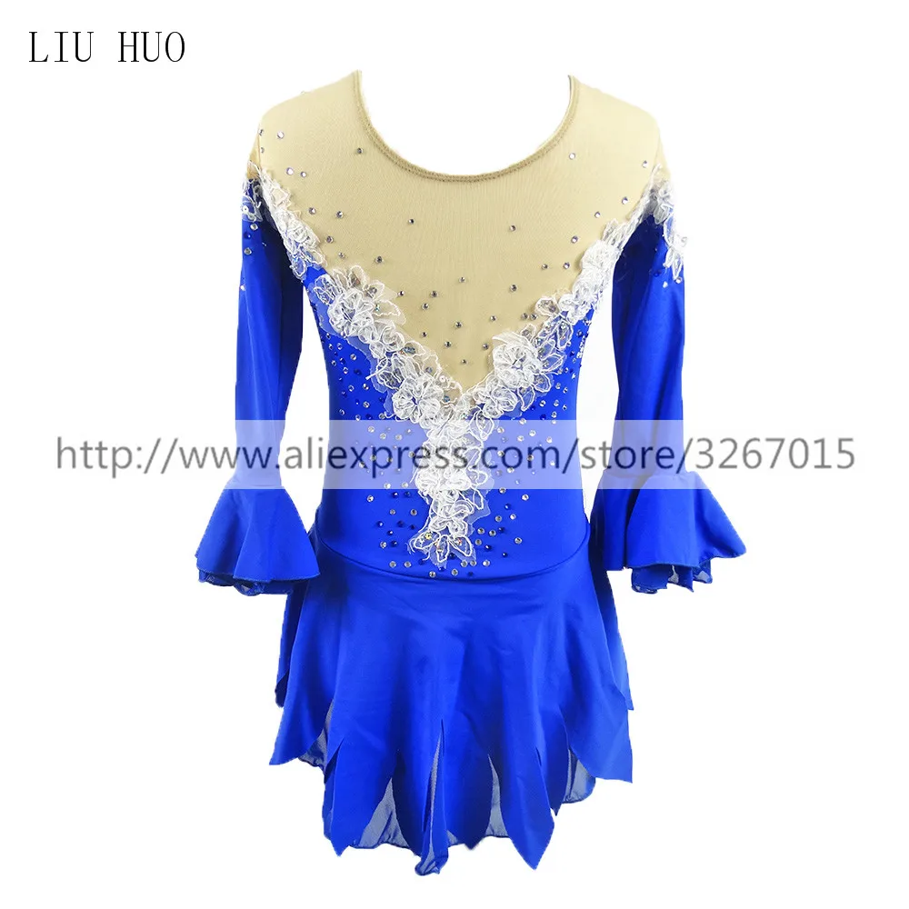 Figure Skating Dress Women's Girls' Ice Skating Dress Round neck blue white flowers Half sleeve Stretch fabrics Shiny rhinestone