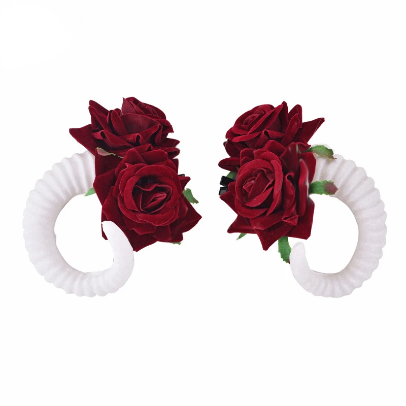 Gothic Cosplay Hair Clips With Red Rose Dark Queen Shofar Head Accessories Anime Roleplay Punk Style Hair Clamp For Man Women