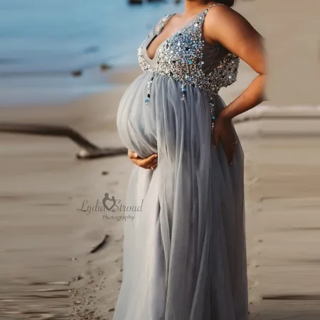 

Sparkling Beaded Maternity Dresses V Neck Sleeveless A Line Tulle Bridal Pregnancy Photo Shoot Dress Sequins Plus Size Custom Ma