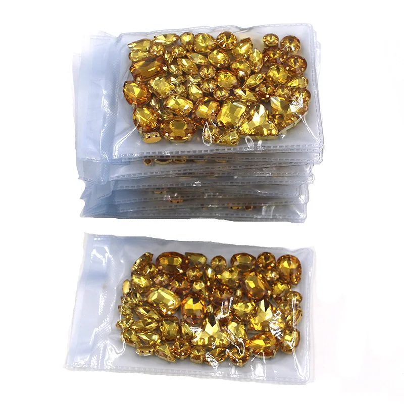 Hot sale Wholesale 5 bags mixed shape sew on glass Golden yellow gold base  rhinestones diy dress/Clothing accessories