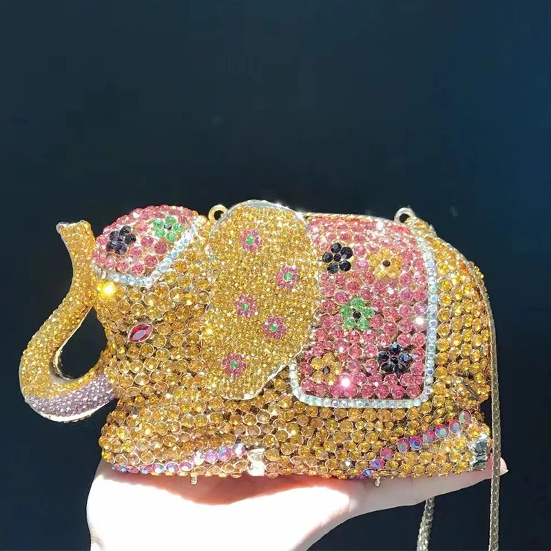 Elephant Style Evening Purse Clutches  Pink/Yellow Rhinestone  Crystal Women Wedding Bridal  Handbags Girls Rhinestone Purses