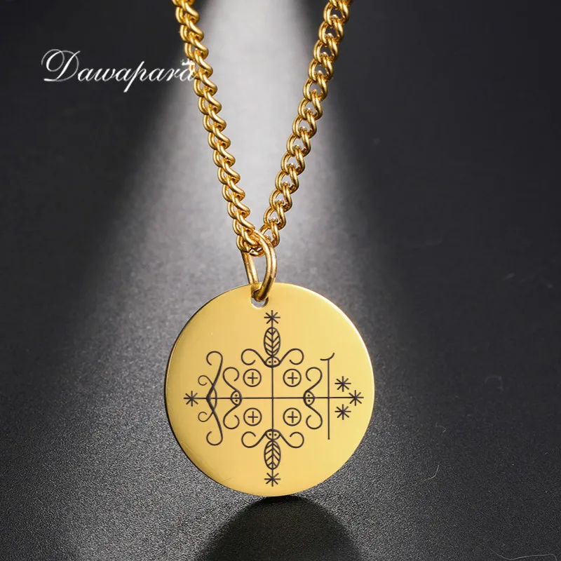 Dawapara Voodoo Veve Papa Legba Amulet Pendant Necklace Stainless Steel Jewelry Golden Hoodoo Talisman Necklaces